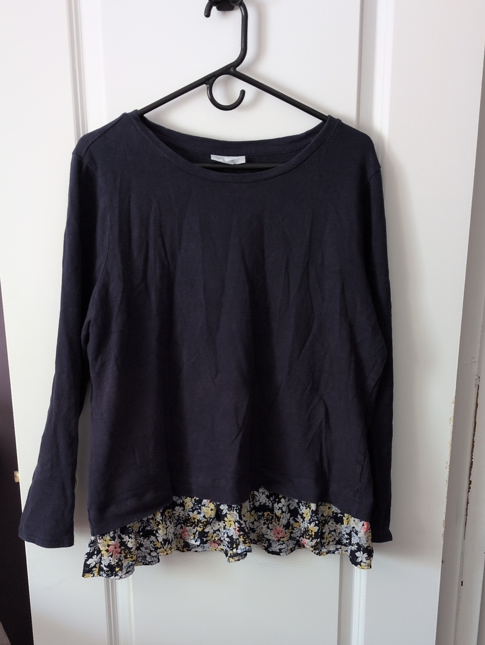 Charter Club Navy  Long-Sleeve Top with Floral Ruffle Hem